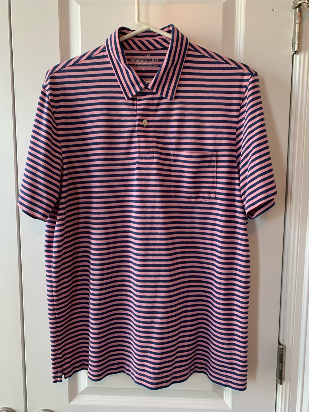 Vineyard Vines Pink and Navy Horizontal Stripe Polo